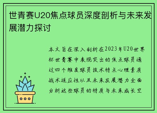 世青赛U20焦点球员深度剖析与未来发展潜力探讨